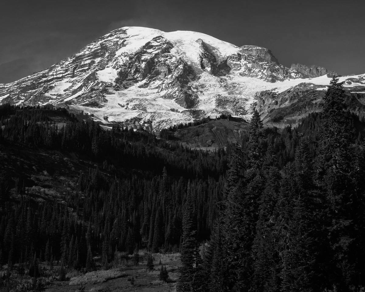 A black and white landscape photograph of Mt. Rainier as viewed from the Paradise Valley, Washington.