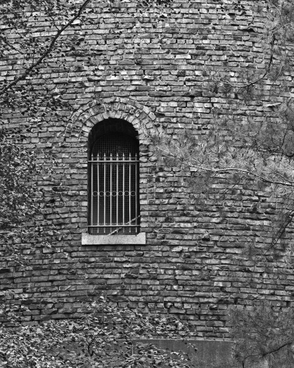 A black and white photograph of a gated window framed by tree limbs on the brick water tower at Volunteer Park in Seattle, Washington.