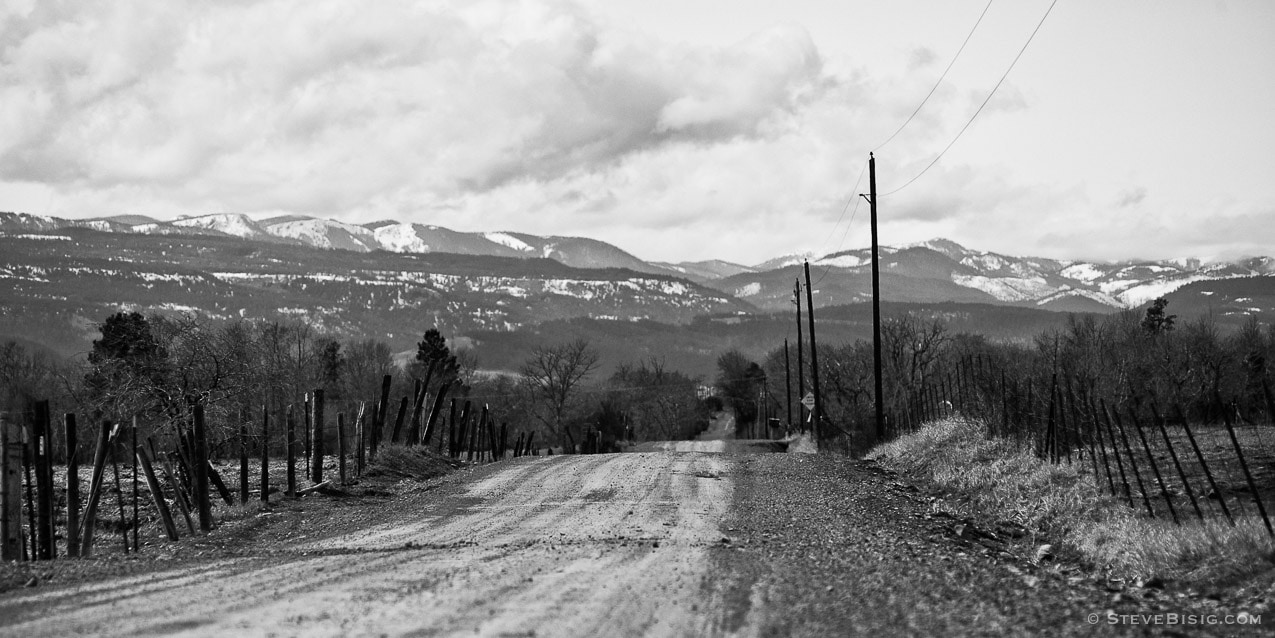 A black and white photograph of the westerly views on Charlton Road in Kittitas County near Ellensburg, Washington.