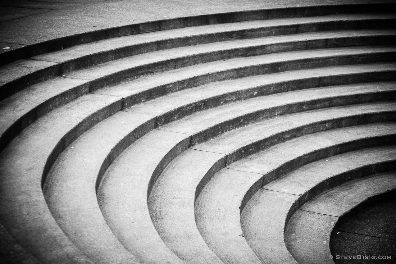 A black and white photograph of a set of curving steps in Seattle, Washington.