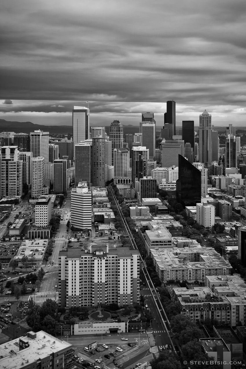 A black and white photograph of downtown Seattle, Washington as viewed from the Space Needle.