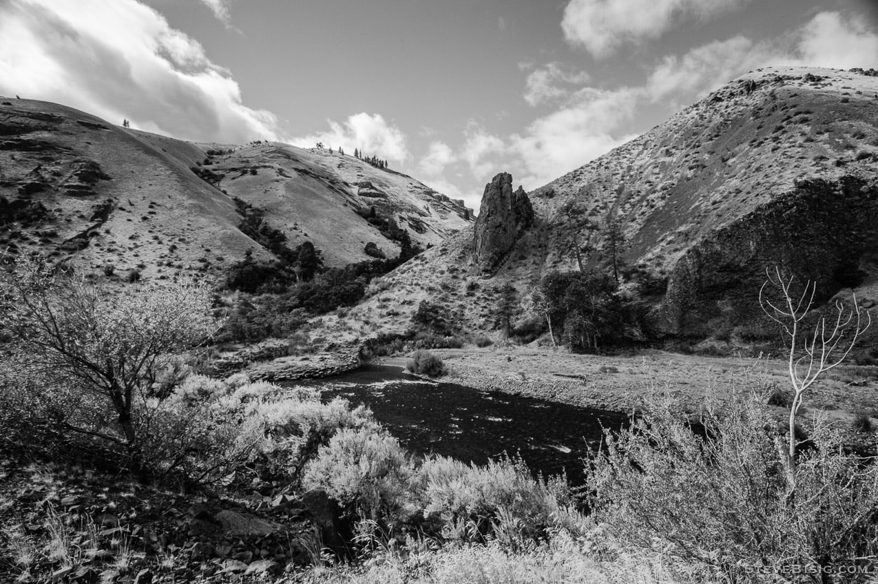 A black and white photograph of the Naches River Canyon near Naches, Washington.