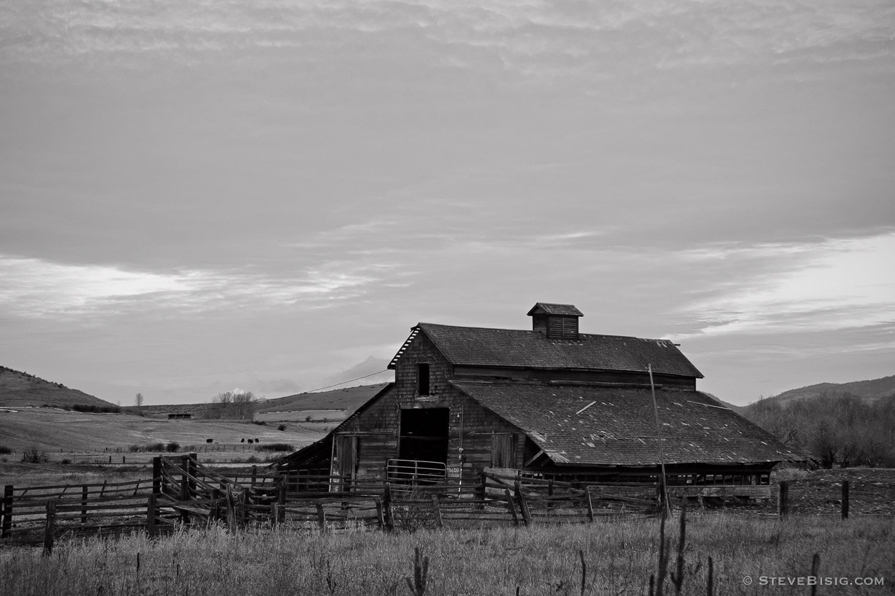 A black and white photograph of an old barn along McManamy Road in rural Kittitas County near Ellensburg, Washington.