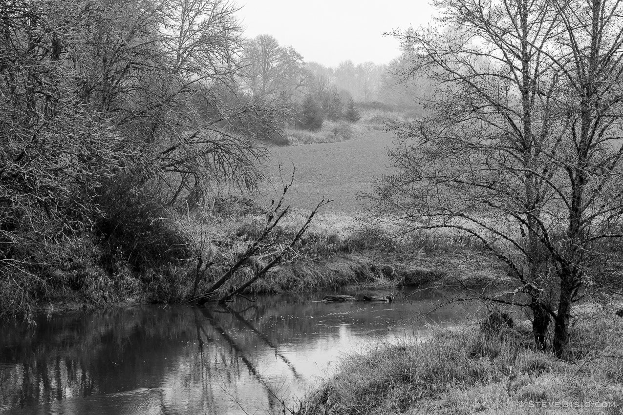 A black and white photograph of the South Fork Chehalis River along State Route 6 in rural Lewis County, Washington.