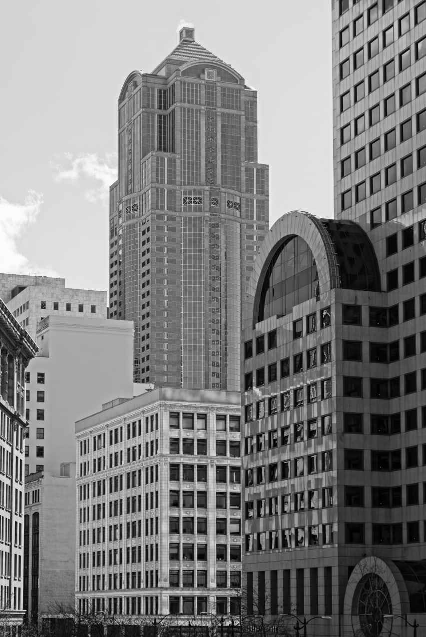 A black and white urban architectural image of downtown Seattle, Washington.