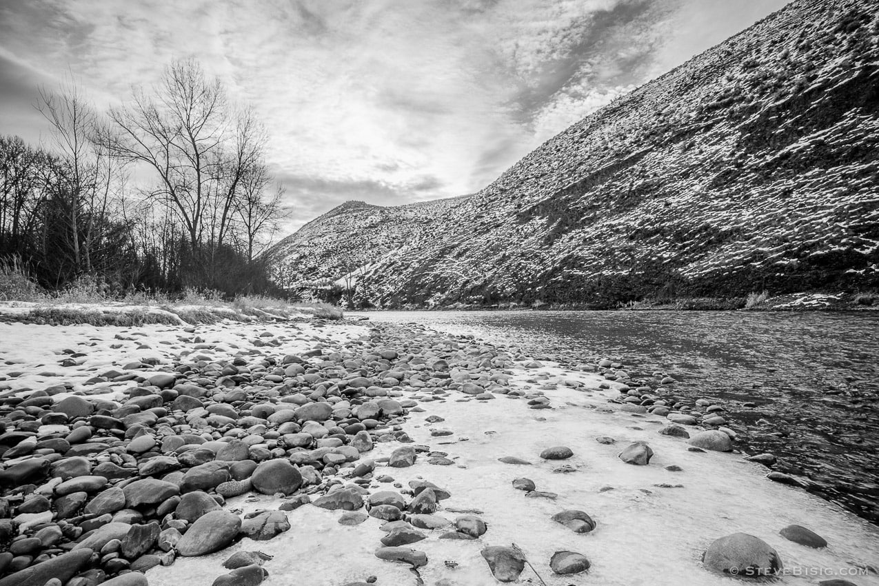 A black and white photograph of the Yakima River at the Ringer Road Recreation Area in Kittitas County near Ellensburg, Washington.